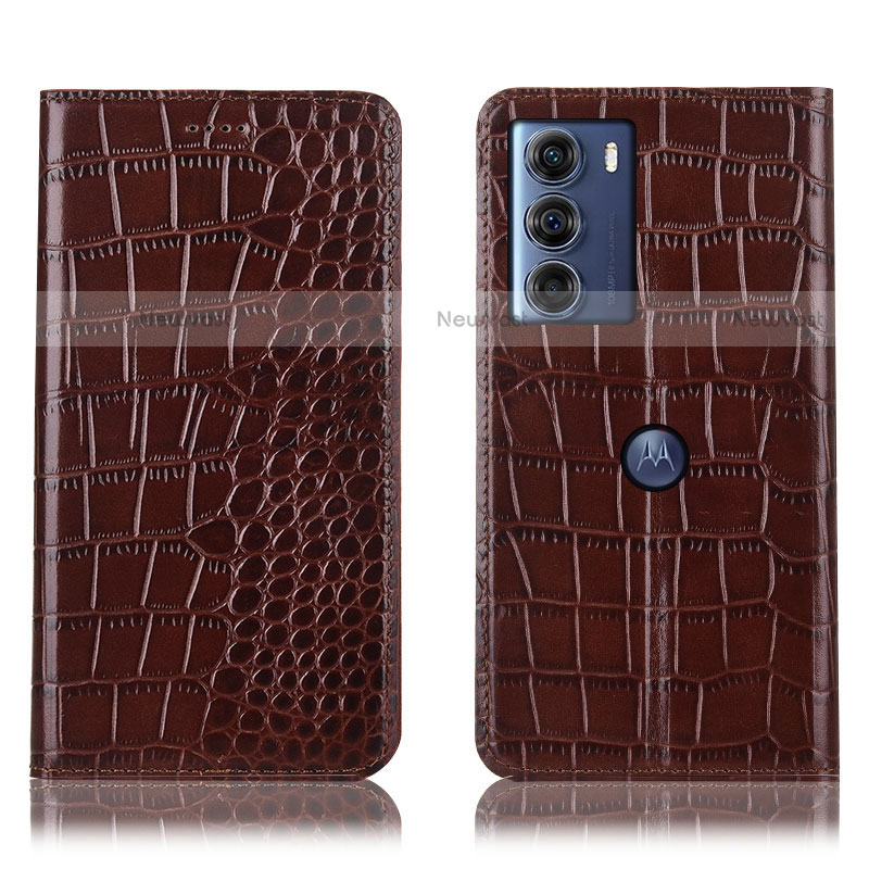 Leather Case Stands Flip Cover Holder H08P for Motorola Moto Edge S30 5G Brown