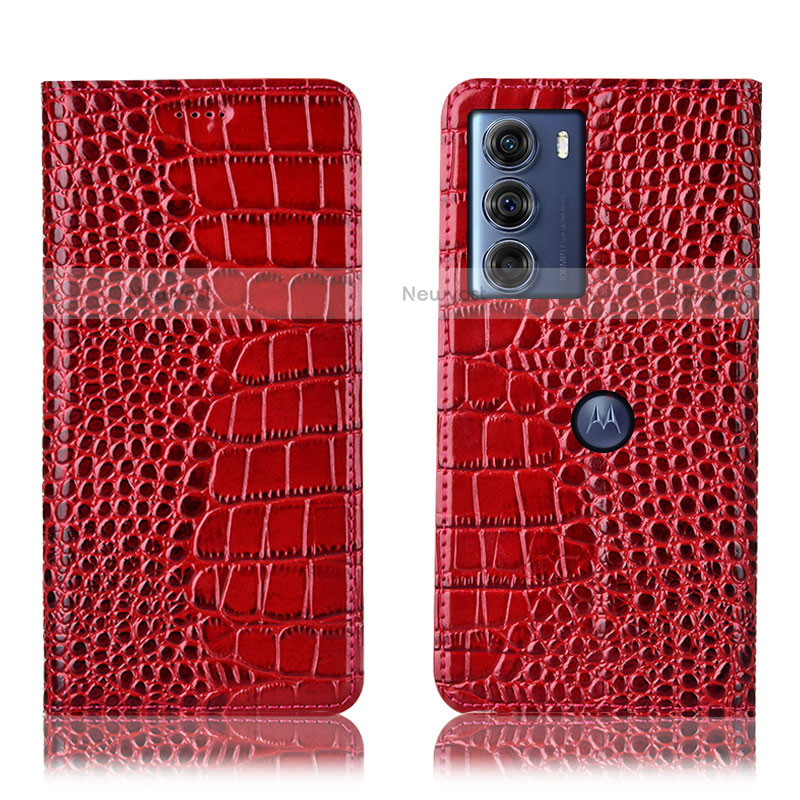 Leather Case Stands Flip Cover Holder H08P for Motorola Moto G200 5G Red