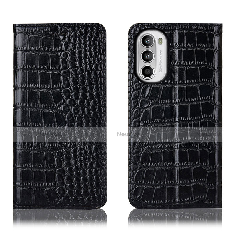 Leather Case Stands Flip Cover Holder H08P for Motorola Moto G82 5G Black