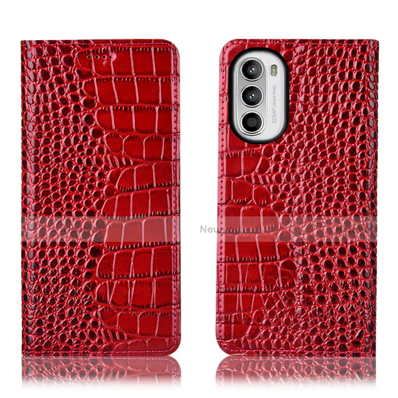 Leather Case Stands Flip Cover Holder H08P for Motorola Moto G82 5G Red