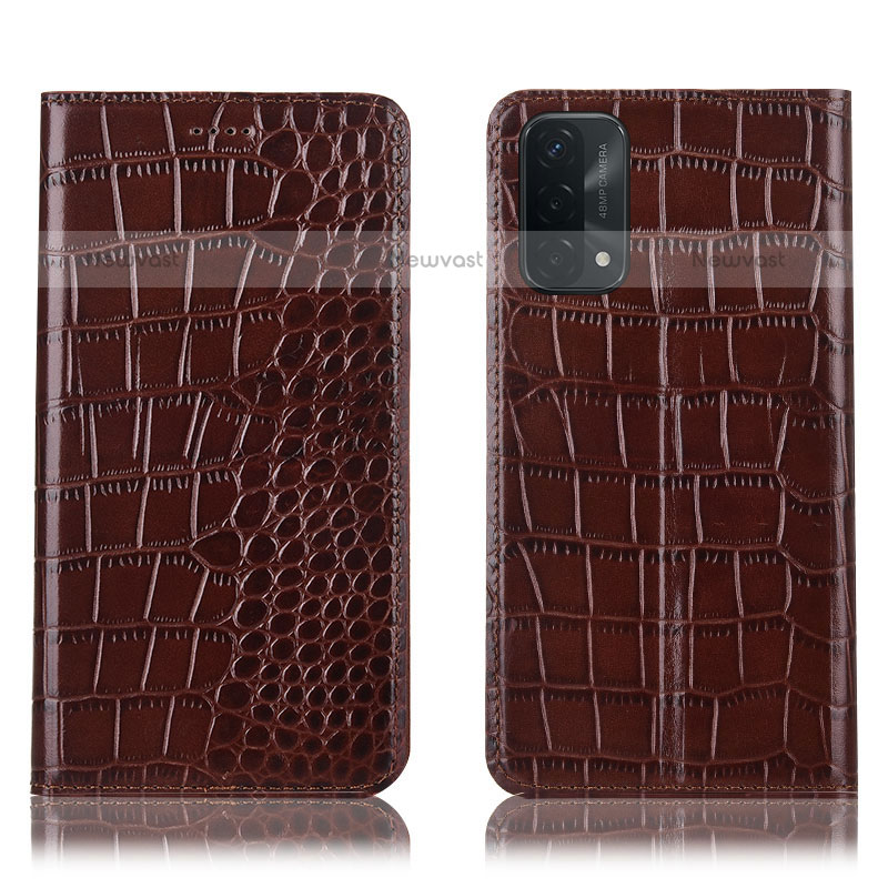 Leather Case Stands Flip Cover Holder H08P for OnePlus Nord N200 5G Brown