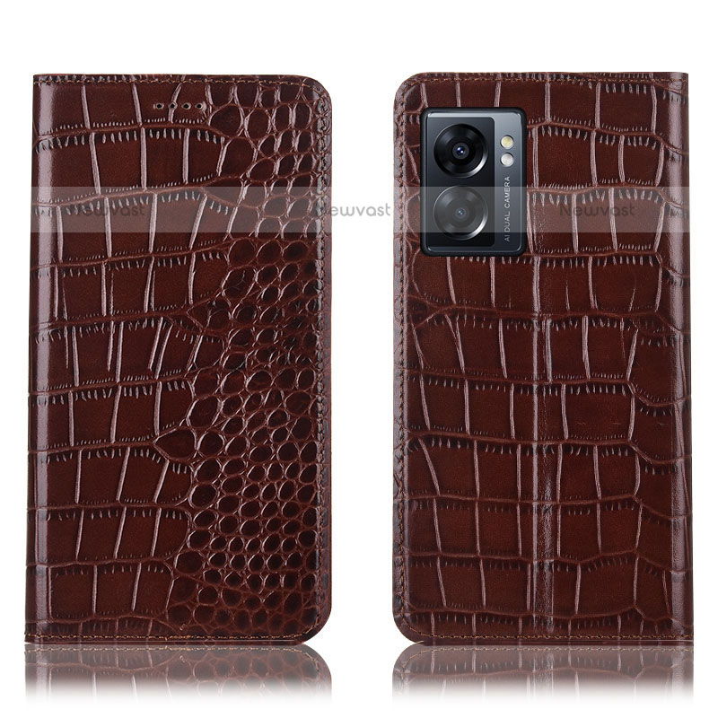 Leather Case Stands Flip Cover Holder H08P for OnePlus Nord N300 5G Brown