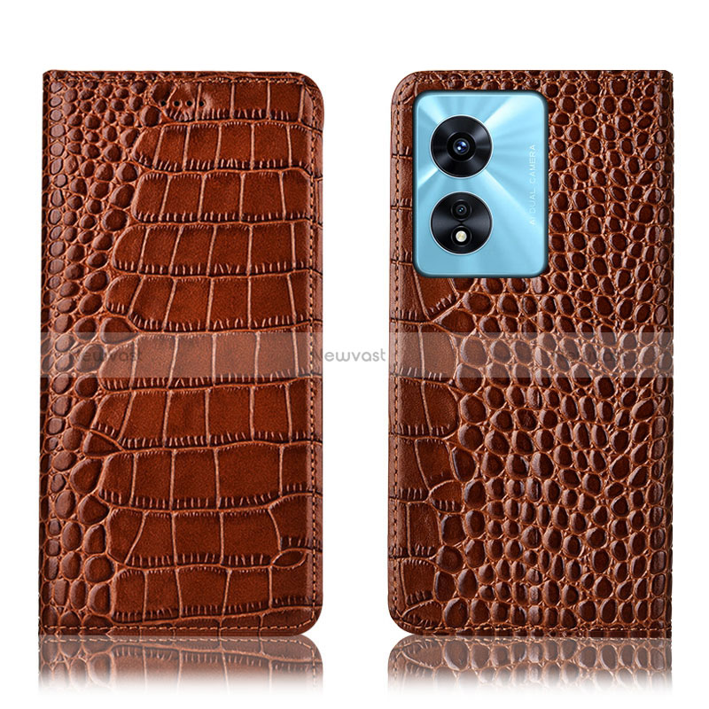 Leather Case Stands Flip Cover Holder H08P for Oppo A1x 5G Light Brown