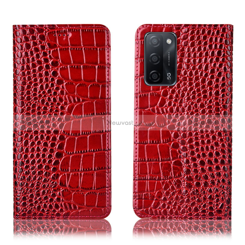 Leather Case Stands Flip Cover Holder H08P for Oppo A53s 5G Red