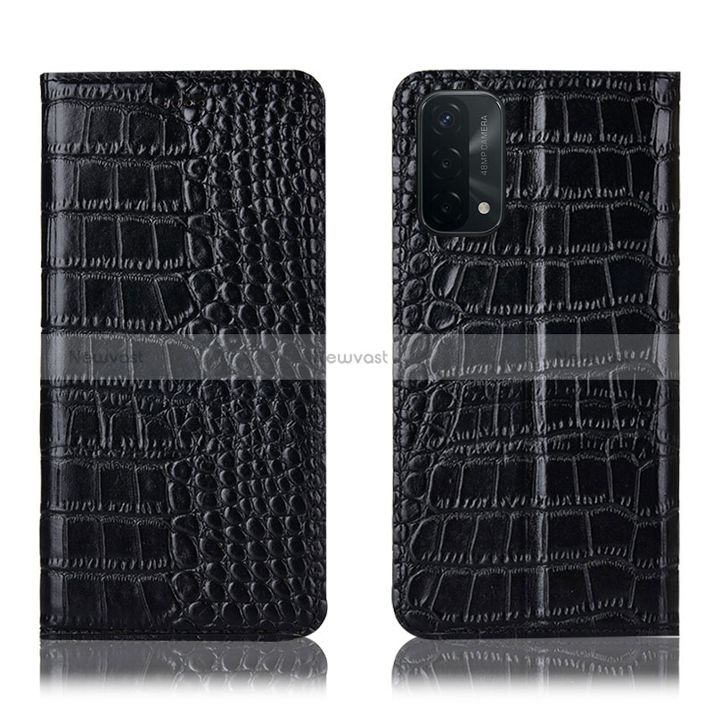 Leather Case Stands Flip Cover Holder H08P for Oppo A54 5G Black