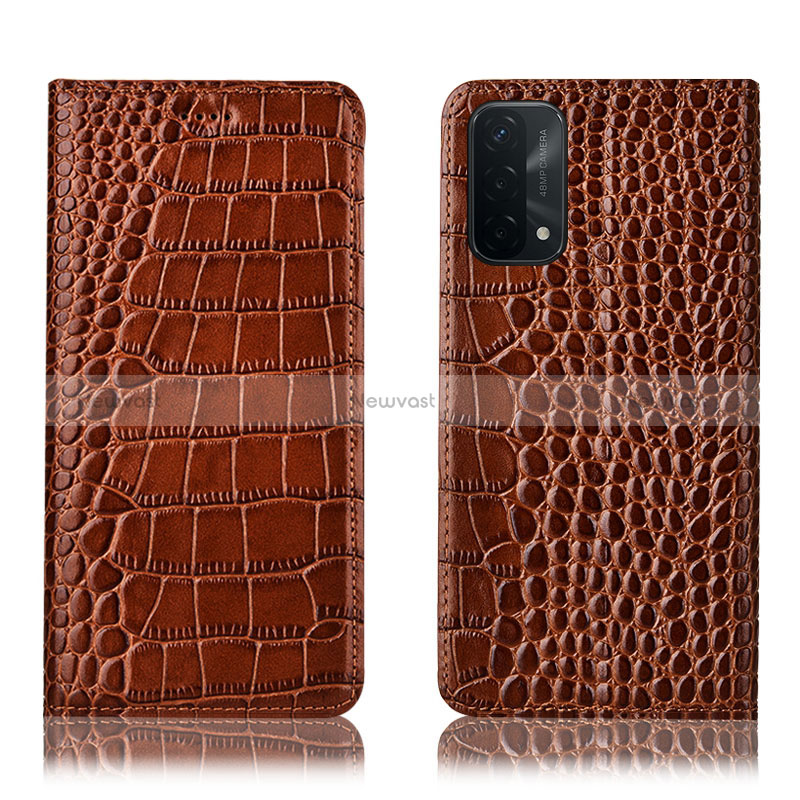 Leather Case Stands Flip Cover Holder H08P for Oppo A54 5G Light Brown