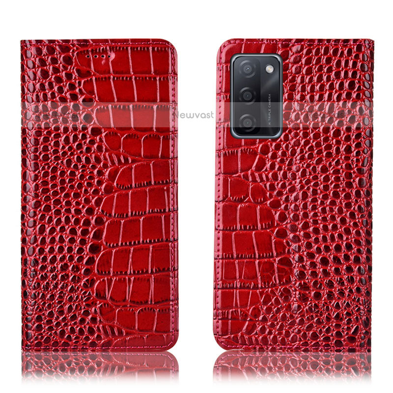 Leather Case Stands Flip Cover Holder H08P for Oppo A55S 5G Red