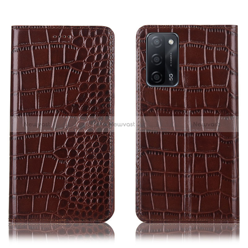 Leather Case Stands Flip Cover Holder H08P for Oppo A56 5G Brown