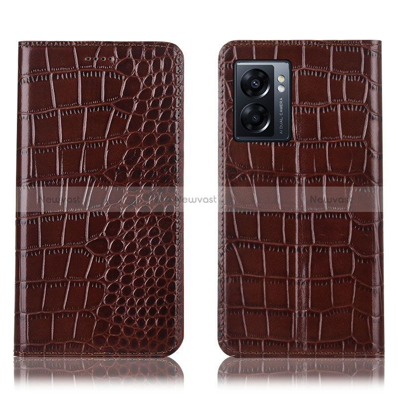 Leather Case Stands Flip Cover Holder H08P for Oppo A56S 5G Brown