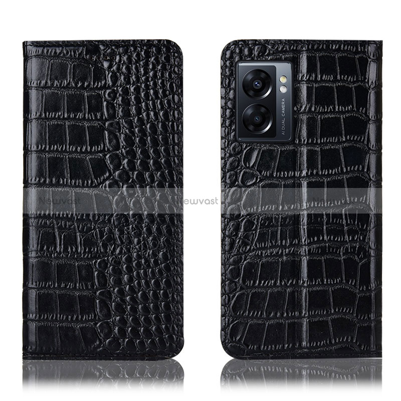 Leather Case Stands Flip Cover Holder H08P for Oppo A57 5G Black