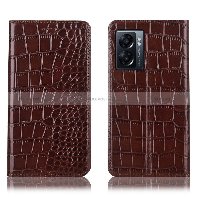 Leather Case Stands Flip Cover Holder H08P for Oppo A57 5G Brown