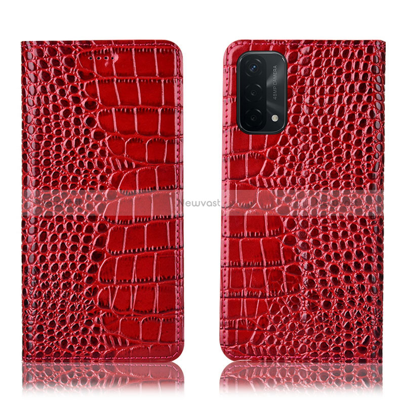 Leather Case Stands Flip Cover Holder H08P for Oppo A74 5G Red