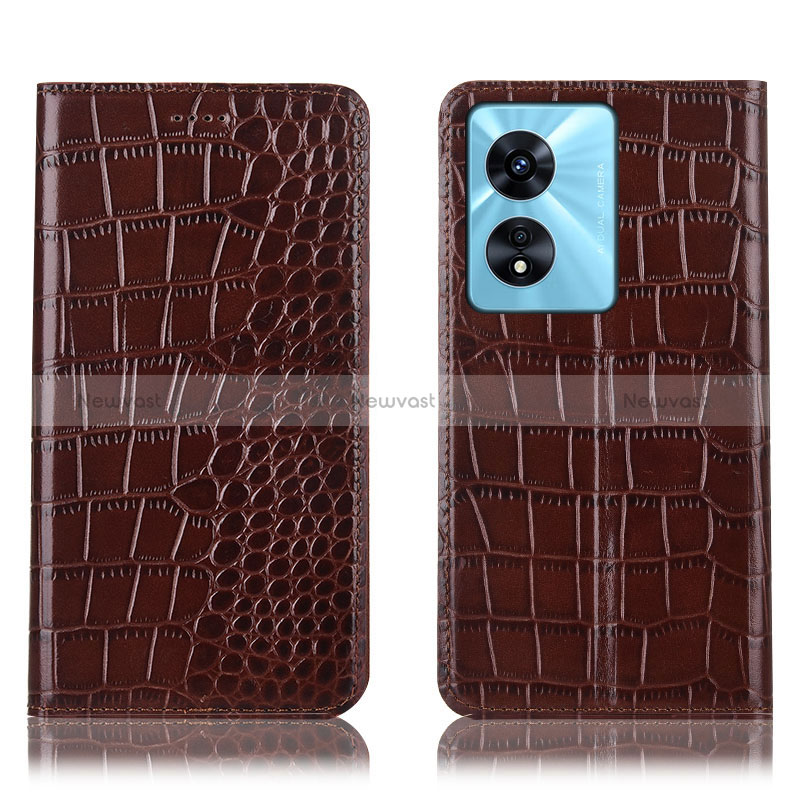 Leather Case Stands Flip Cover Holder H08P for Oppo A78 5G Brown