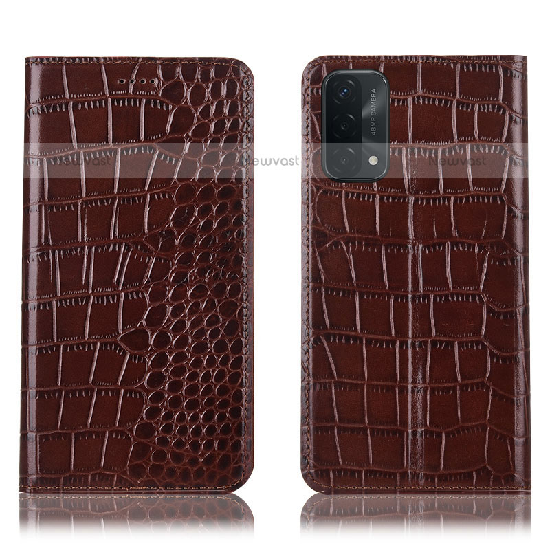 Leather Case Stands Flip Cover Holder H08P for Oppo A93 5G Brown