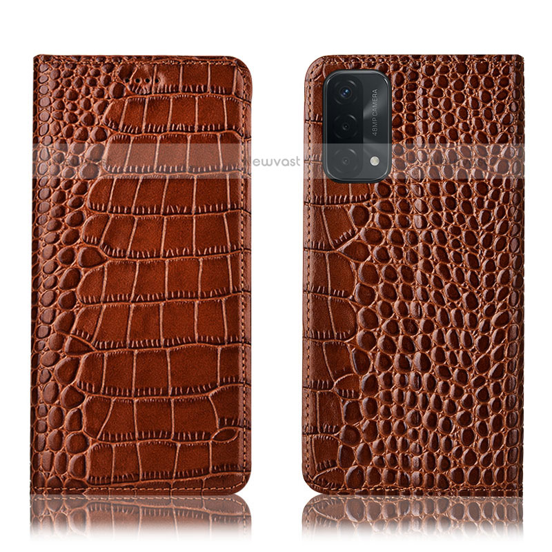 Leather Case Stands Flip Cover Holder H08P for Oppo A93 5G Light Brown