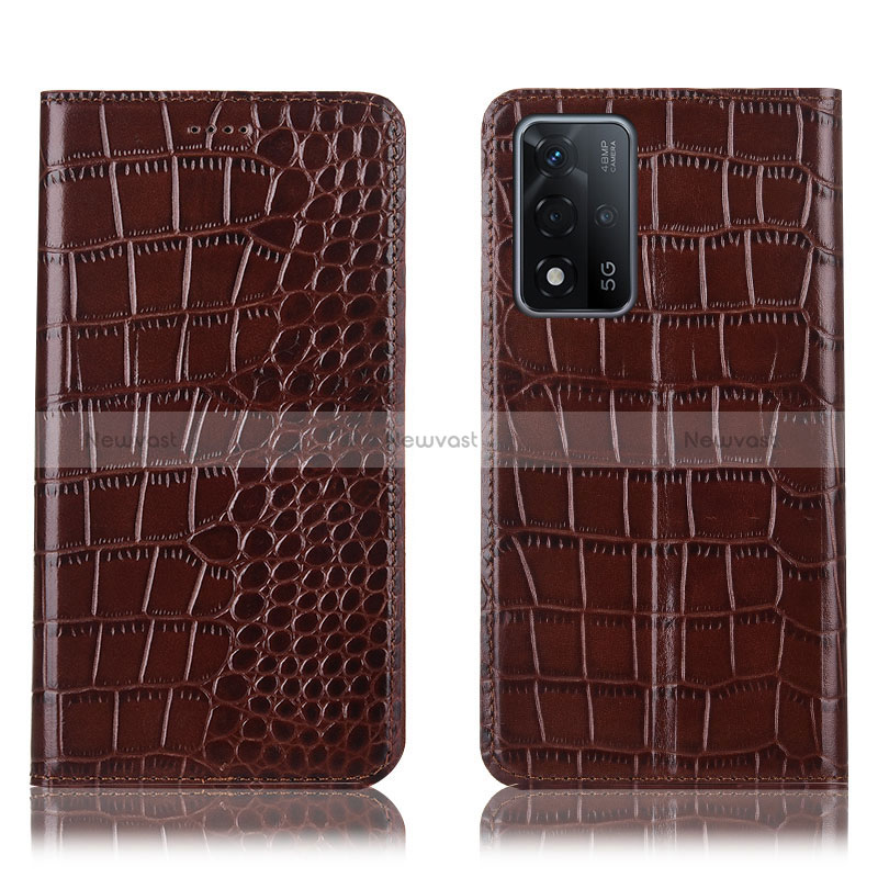 Leather Case Stands Flip Cover Holder H08P for Oppo A93s 5G Brown