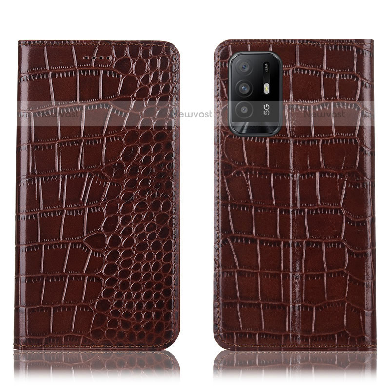 Leather Case Stands Flip Cover Holder H08P for Oppo A94 5G Brown