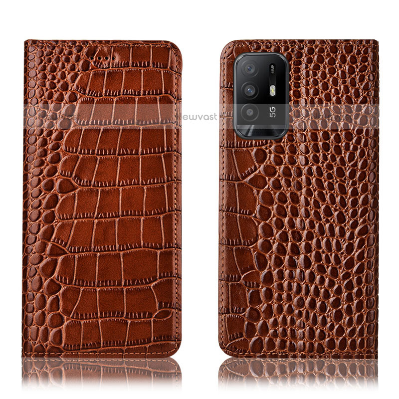 Leather Case Stands Flip Cover Holder H08P for Oppo F19 Pro+ Plus 5G Light Brown