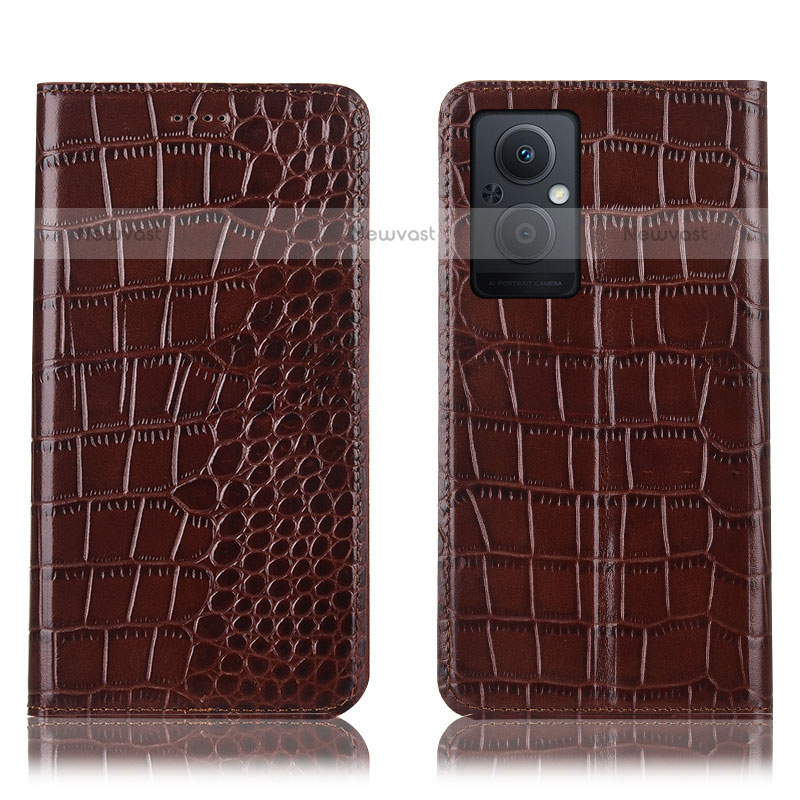 Leather Case Stands Flip Cover Holder H08P for Oppo F21 Pro 5G Brown