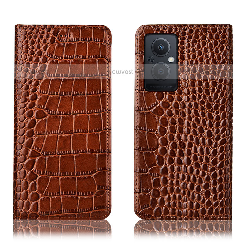 Leather Case Stands Flip Cover Holder H08P for Oppo F21 Pro 5G Light Brown