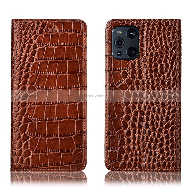 Leather Case Stands Flip Cover Holder H08P for Oppo Find X3 5G Light Brown