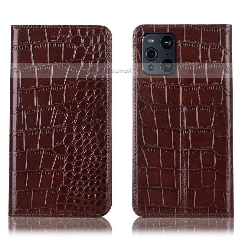 Leather Case Stands Flip Cover Holder H08P for Oppo Find X3 Pro 5G Brown