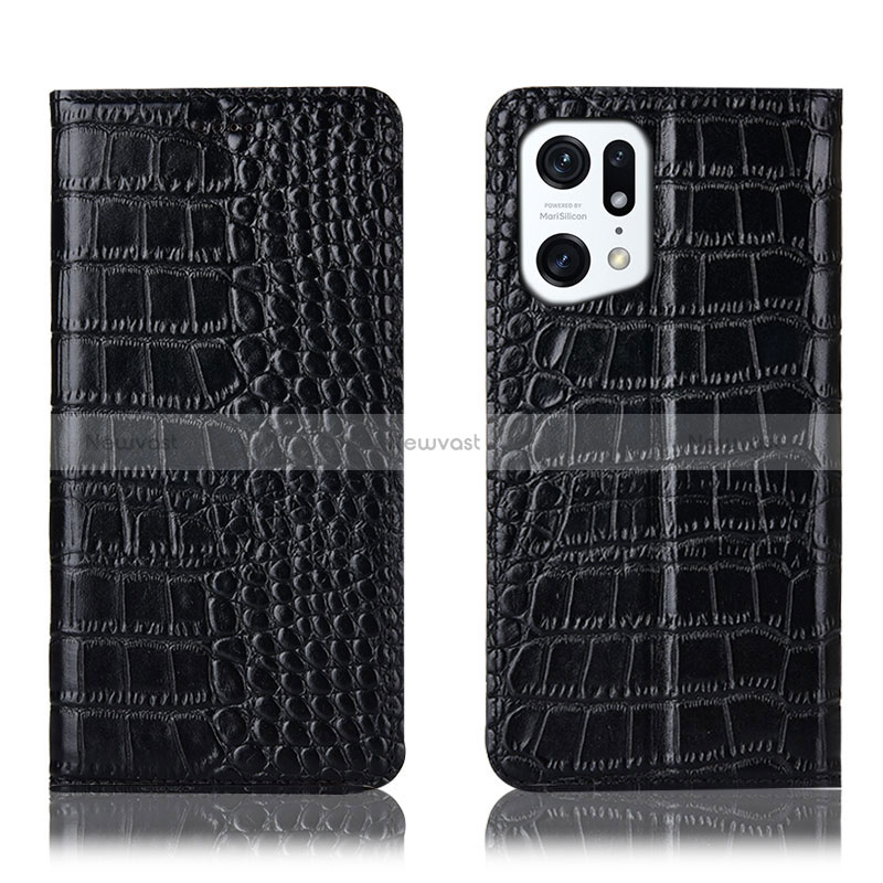 Leather Case Stands Flip Cover Holder H08P for Oppo Find X5 5G Black