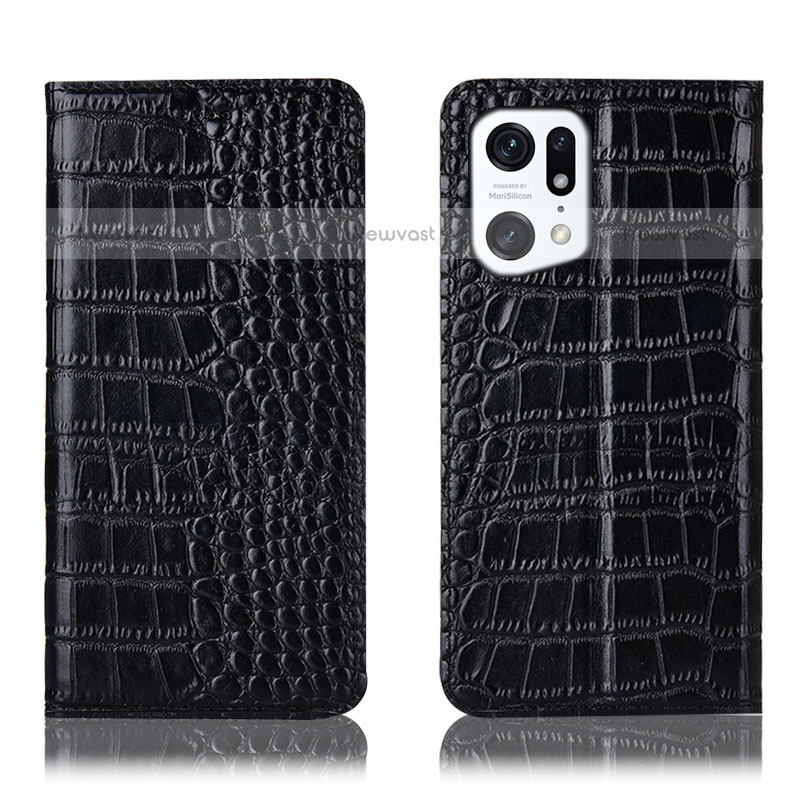 Leather Case Stands Flip Cover Holder H08P for Oppo Find X5 Pro 5G Black