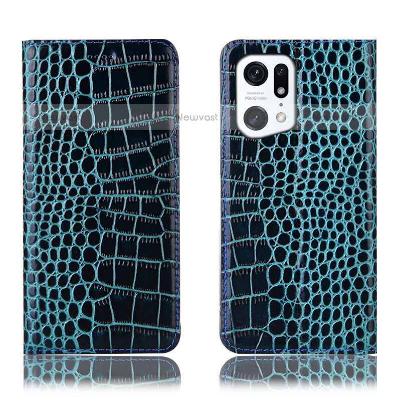 Leather Case Stands Flip Cover Holder H08P for Oppo Find X5 Pro 5G Blue