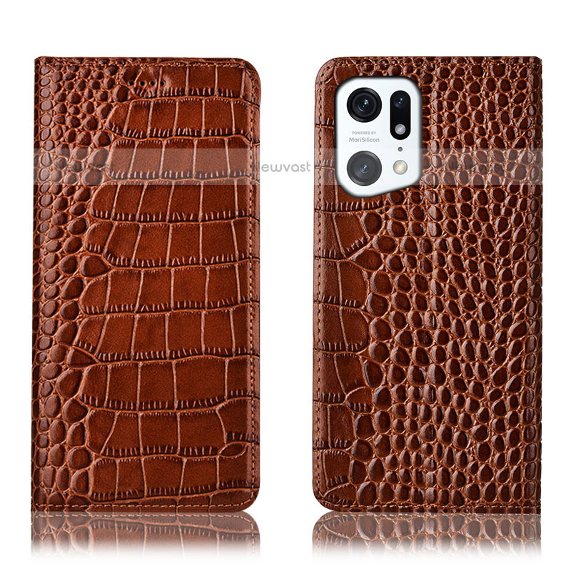 Leather Case Stands Flip Cover Holder H08P for Oppo Find X5 Pro 5G Light Brown