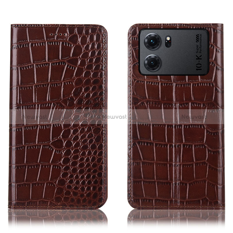 Leather Case Stands Flip Cover Holder H08P for Oppo K10 5G Brown