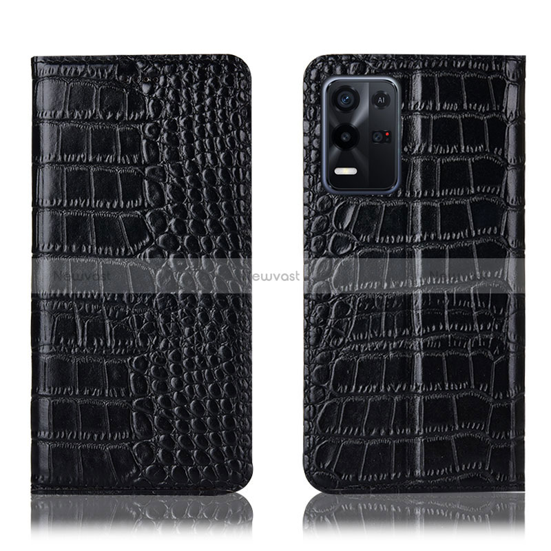 Leather Case Stands Flip Cover Holder H08P for Oppo K9X 5G Black