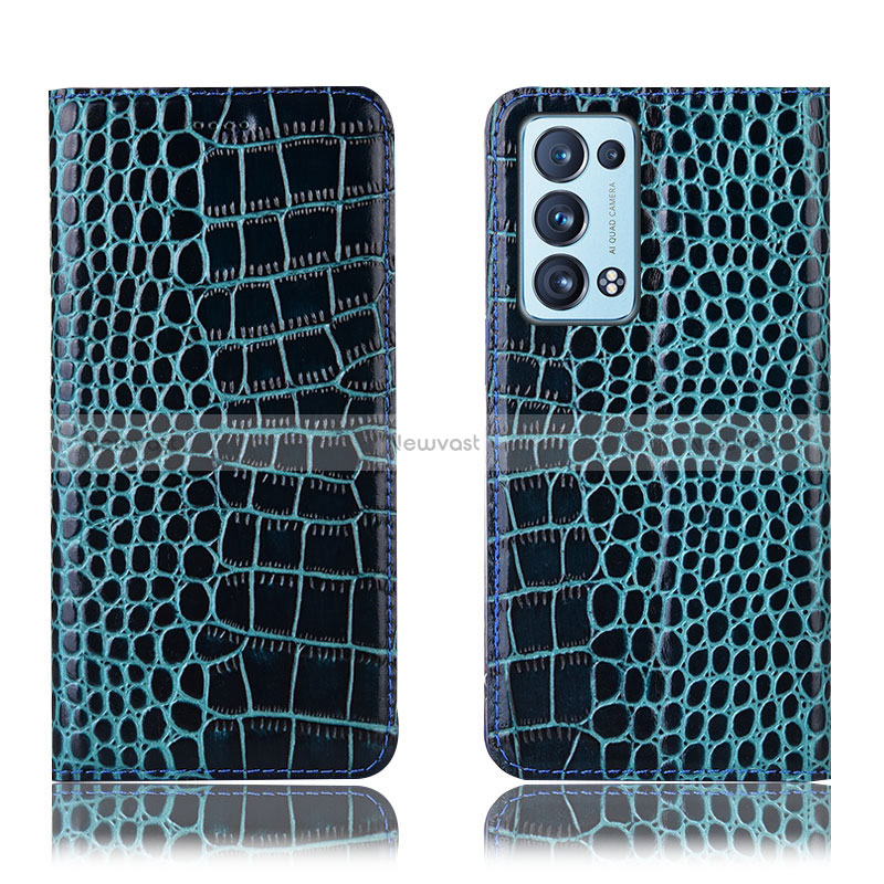 Leather Case Stands Flip Cover Holder H08P for Oppo Reno6 Pro+ Plus 5G Blue