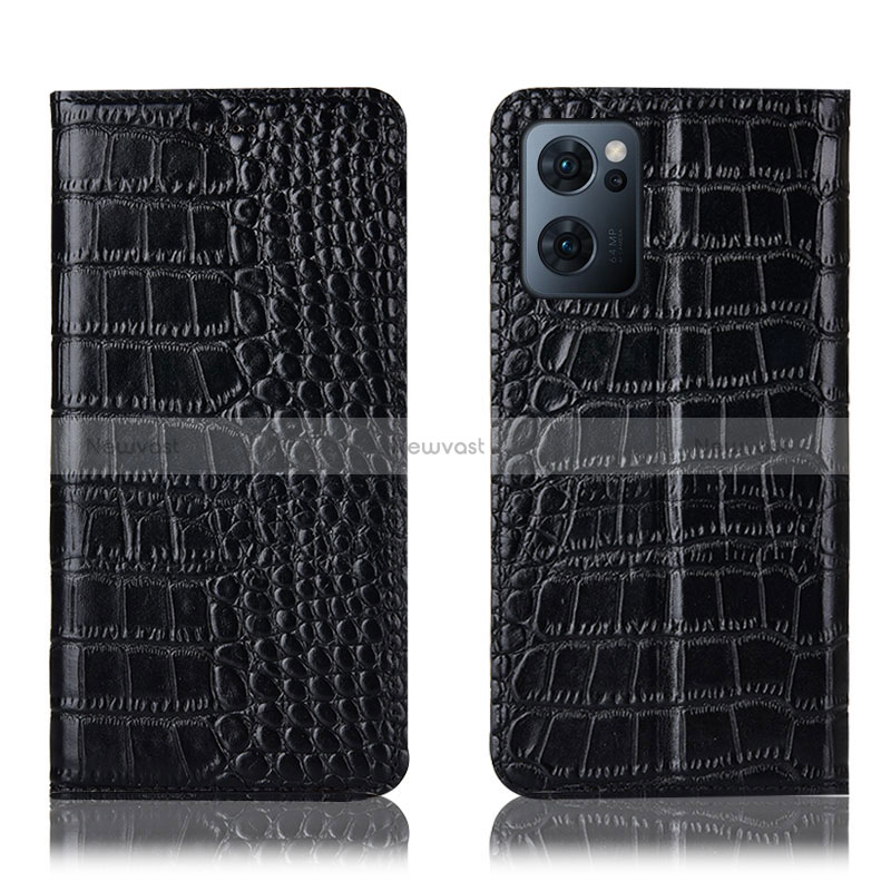 Leather Case Stands Flip Cover Holder H08P for Oppo Reno7 5G Black