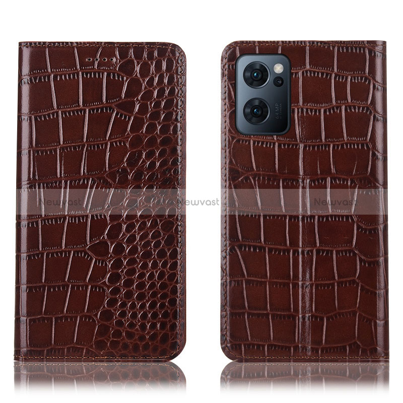 Leather Case Stands Flip Cover Holder H08P for Oppo Reno7 5G Brown