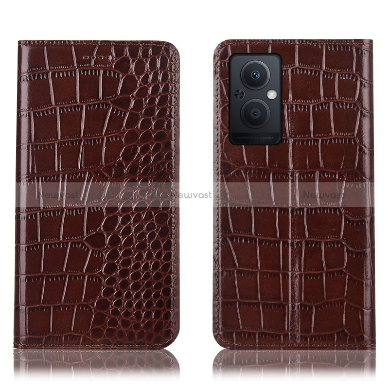 Leather Case Stands Flip Cover Holder H08P for Oppo Reno7 Lite 5G Brown