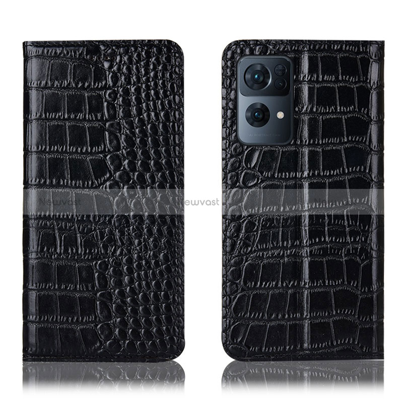 Leather Case Stands Flip Cover Holder H08P for Oppo Reno7 Pro 5G Black