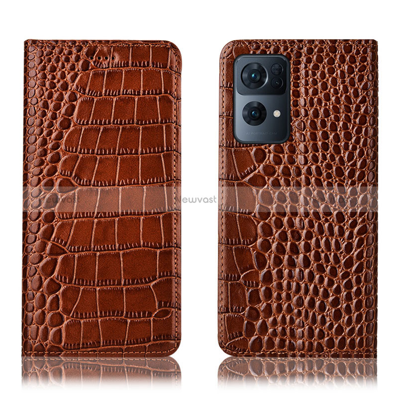 Leather Case Stands Flip Cover Holder H08P for Oppo Reno7 Pro 5G Light Brown