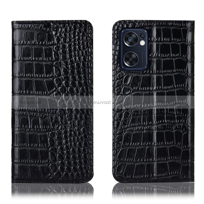 Leather Case Stands Flip Cover Holder H08P for Oppo Reno7 SE 5G Black