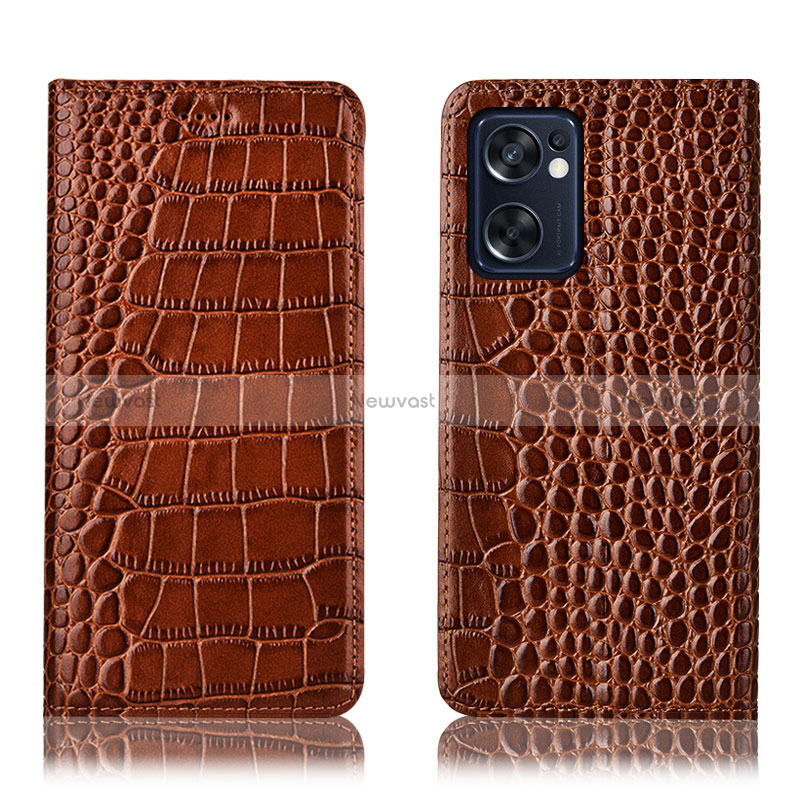 Leather Case Stands Flip Cover Holder H08P for Oppo Reno7 SE 5G Light Brown