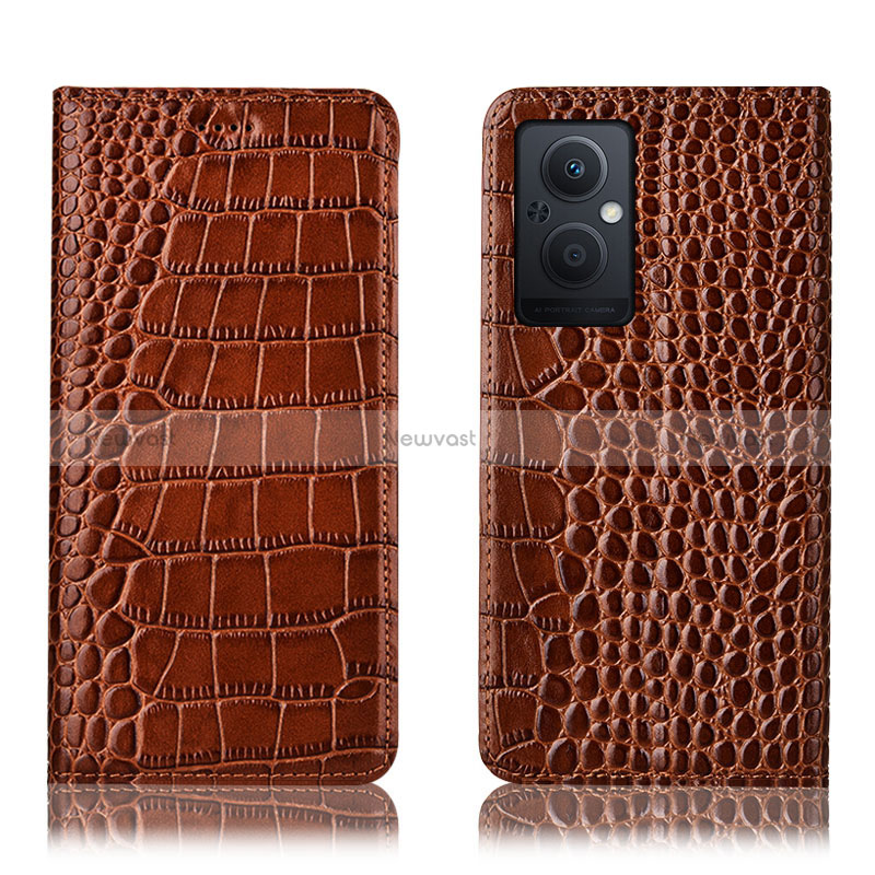 Leather Case Stands Flip Cover Holder H08P for Oppo Reno7 Z 5G Light Brown