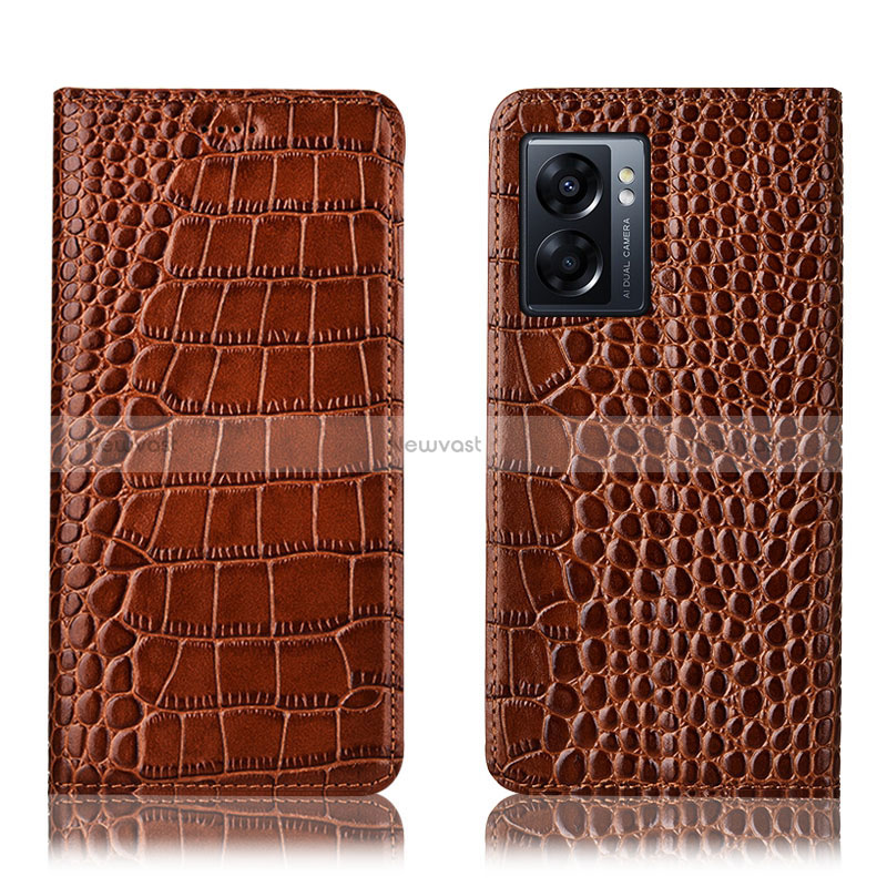 Leather Case Stands Flip Cover Holder H08P for Realme Q5i 5G Light Brown