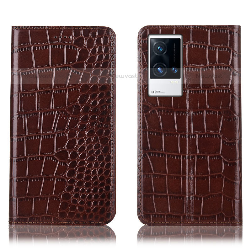 Leather Case Stands Flip Cover Holder H08P for Vivo iQOO 8 Pro 5G Brown