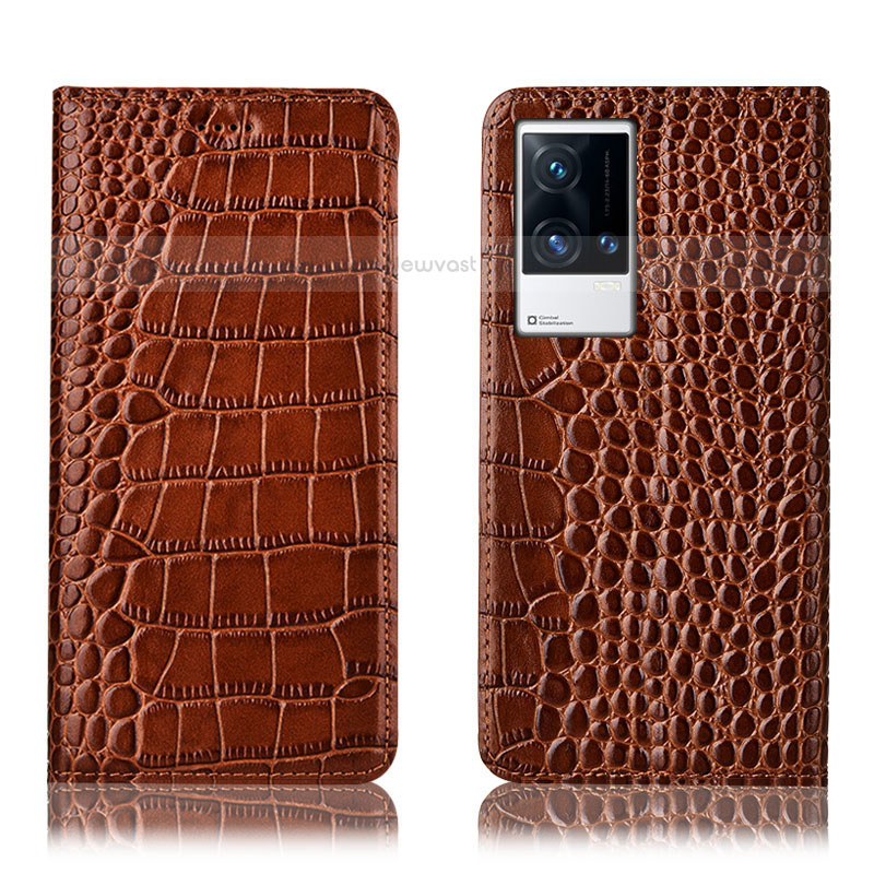 Leather Case Stands Flip Cover Holder H08P for Vivo iQOO 8 Pro 5G Light Brown