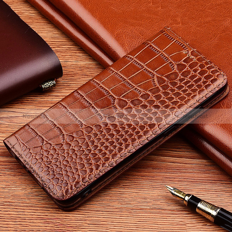 Leather Case Stands Flip Cover Holder H08P for Vivo Y35 5G Light Brown