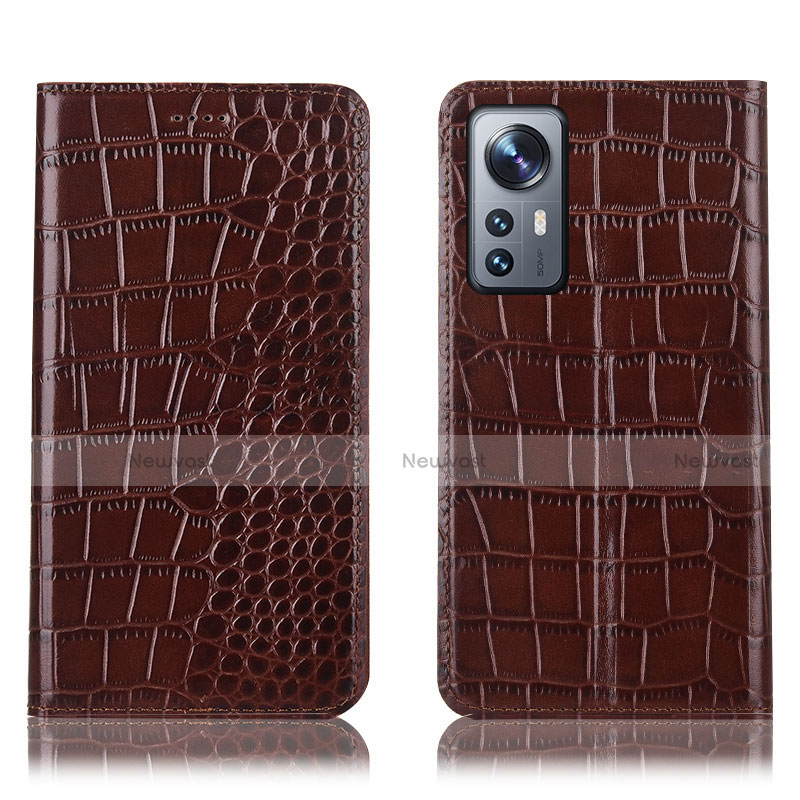 Leather Case Stands Flip Cover Holder H08P for Xiaomi Mi 12 5G Brown