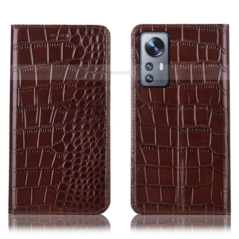 Leather Case Stands Flip Cover Holder H08P for Xiaomi Mi 12 Pro 5G Brown