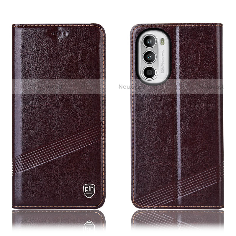 Leather Case Stands Flip Cover Holder H09P for Motorola Moto Edge (2022) 5G Brown