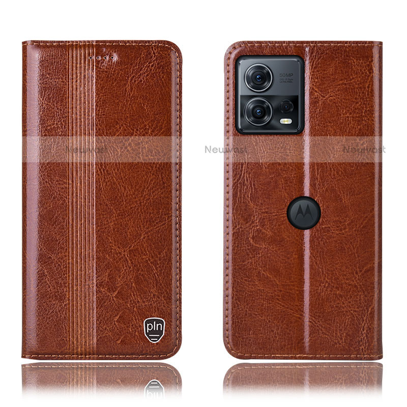 Leather Case Stands Flip Cover Holder H09P for Motorola Moto Edge 30 Fusion 5G Light Brown