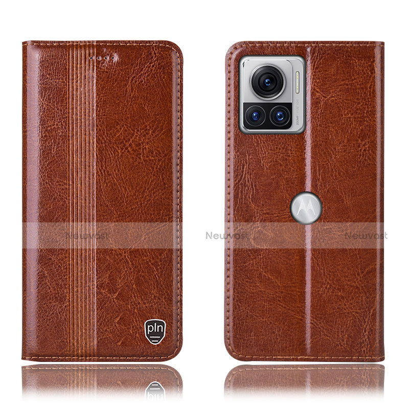 Leather Case Stands Flip Cover Holder H09P for Motorola Moto Edge 30 Ultra 5G Light Brown